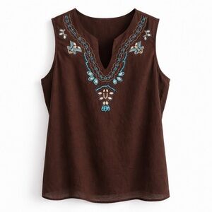 NY Collection Brown & Turquoise Embroidered Beaded Tank Top Linen Blend Size L